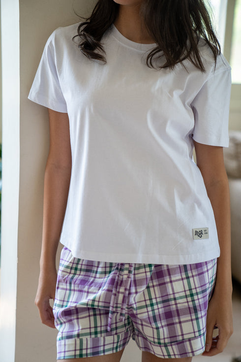 Women Summer Pajama set White T-shirt + Green X Purple Tartan Plaid Shorts
